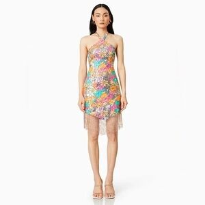 RARE Elliatt Floral Sequin Halter Mini Dress with Beaded Fringe